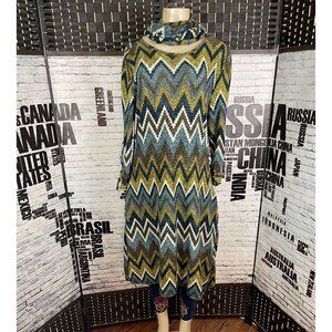 Robert Louis M Teal-Mustard Zig-ZAG Print 3/4 Ruched Sleeve Below Knee Dress